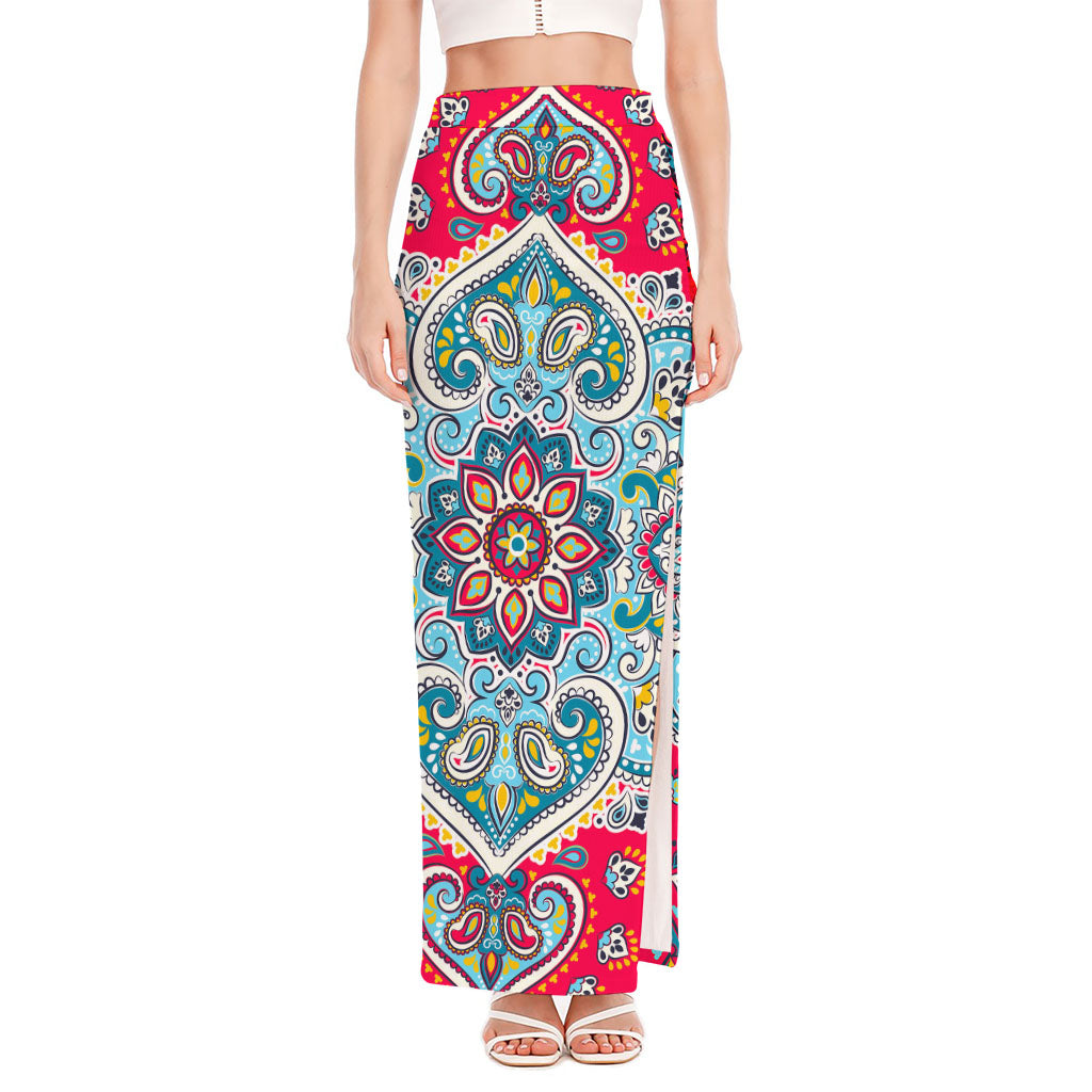 Floral Paisley Mandala Print High Slit Maxi Skirt