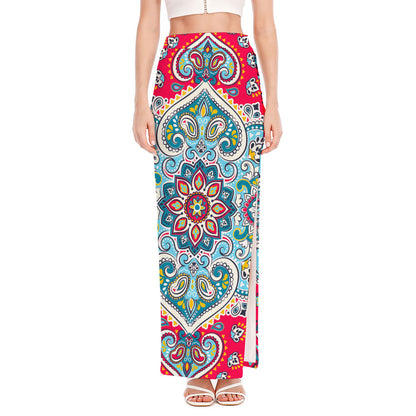 Floral Paisley Mandala Print High Slit Maxi Skirt