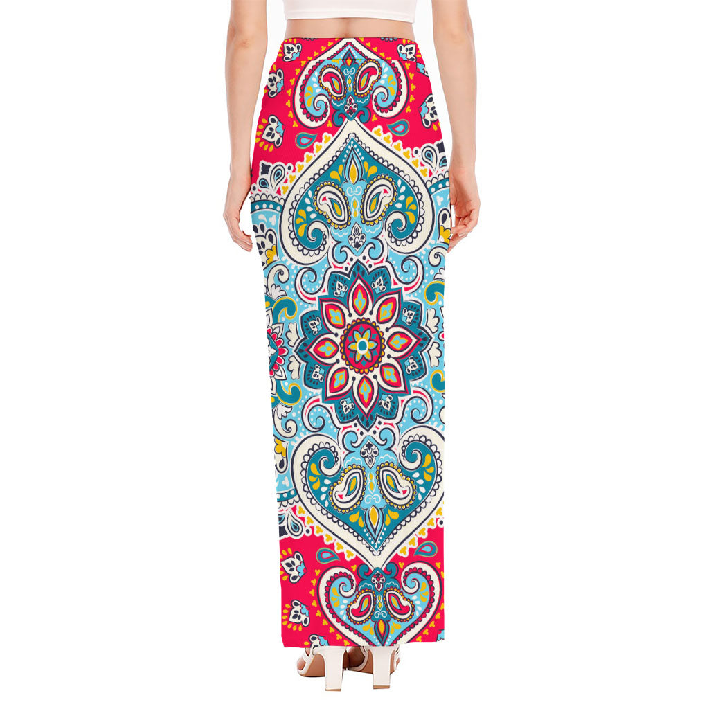 Floral Paisley Mandala Print High Slit Maxi Skirt
