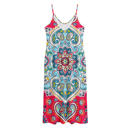 Floral Paisley Mandala Print Jersey Midi Cami Dress