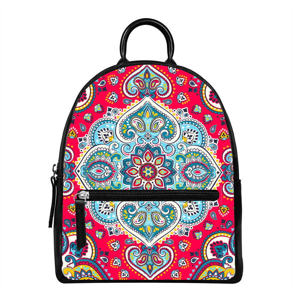 Floral Paisley Mandala Print Leather Backpack