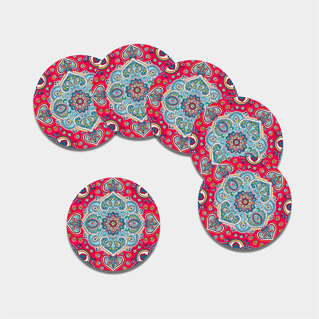 Floral Paisley Mandala Print Leather Coaster Set