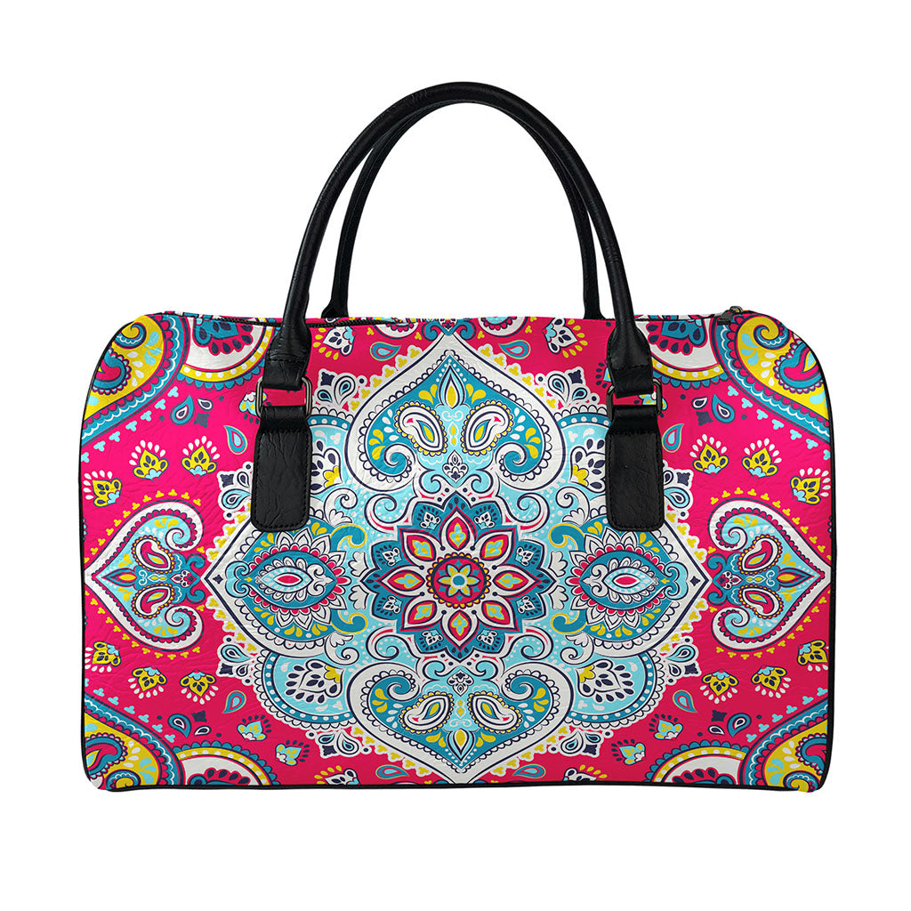 Floral Paisley Mandala Print Leather Duffle Bag
