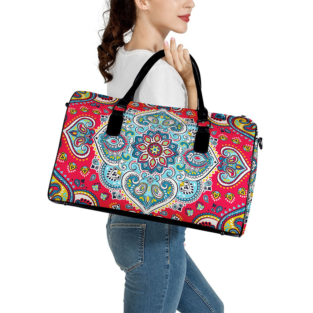 Floral Paisley Mandala Print Leather Duffle Bag