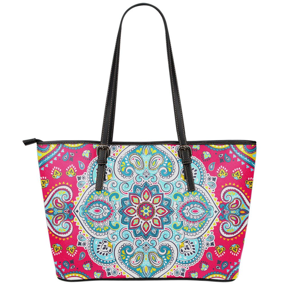 Floral Paisley Mandala Print Leather Tote Bag