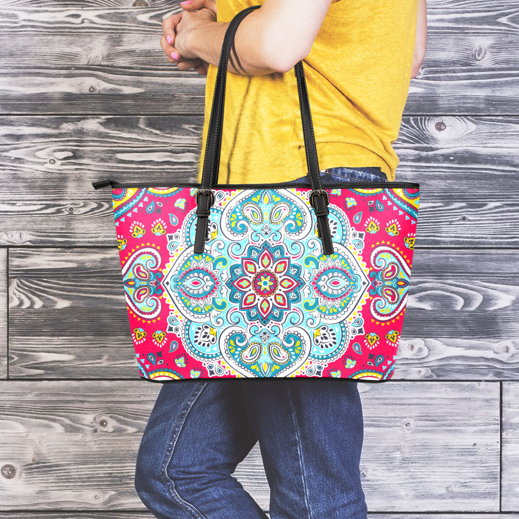 Floral Paisley Mandala Print Leather Tote Bag