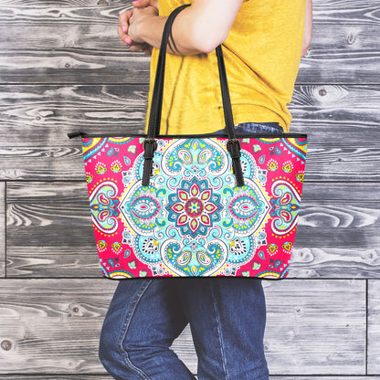 Floral Paisley Mandala Print Leather Tote Bag