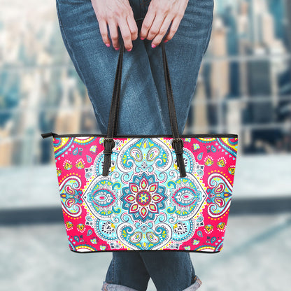 Floral Paisley Mandala Print Leather Tote Bag