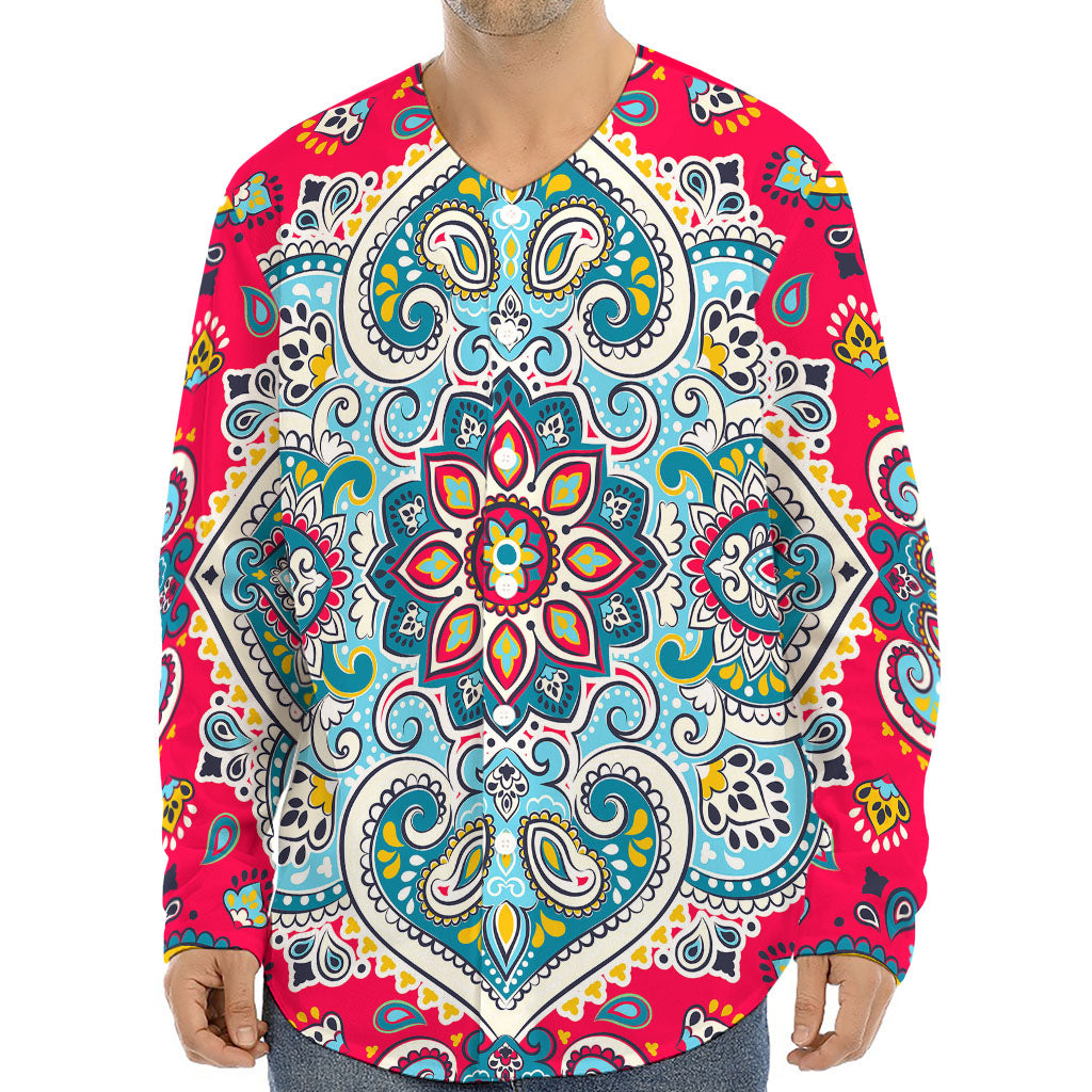 Floral Paisley Mandala Print Long Sleeve Baseball Jersey