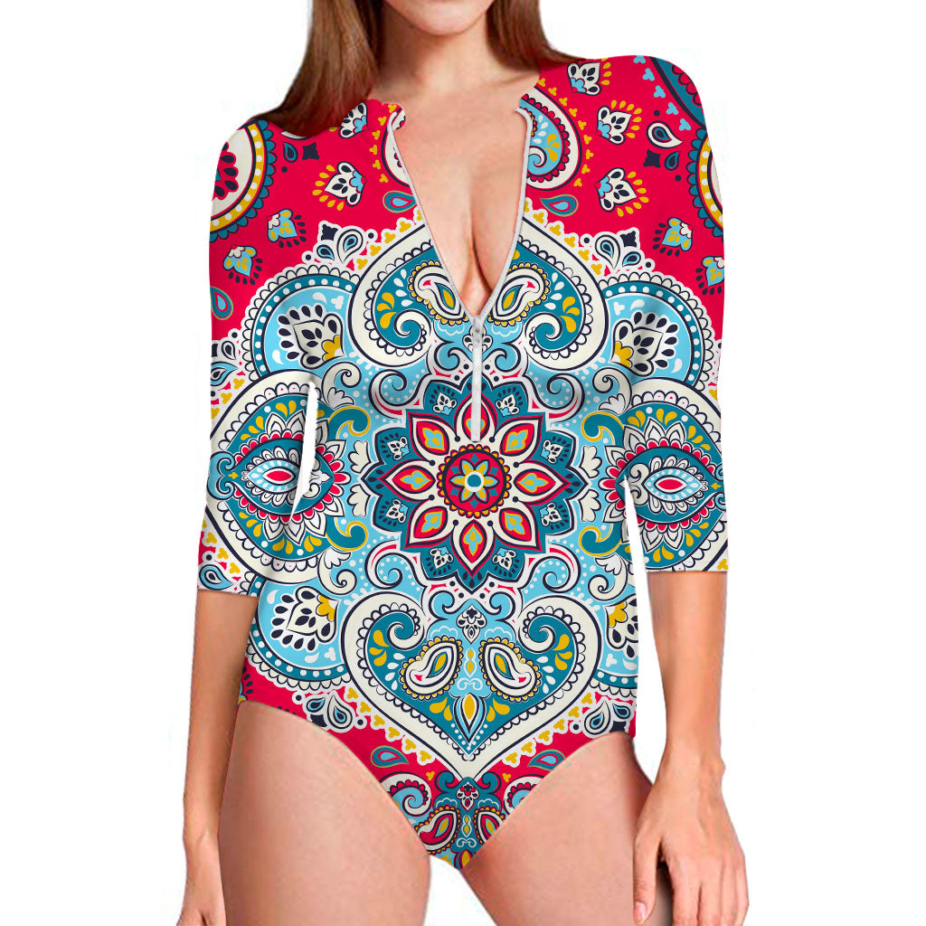 Floral Paisley Mandala Print Long Sleeve Swimsuit