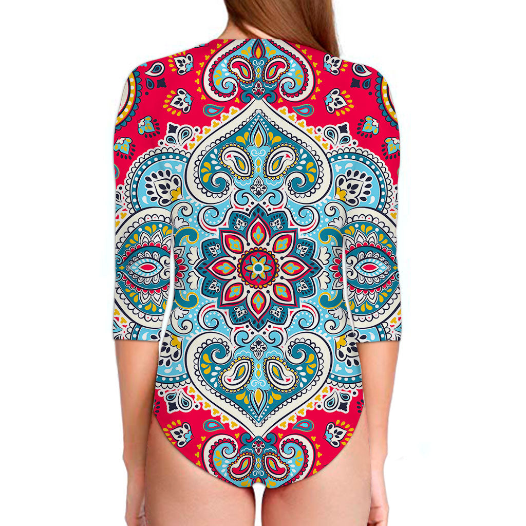 Floral Paisley Mandala Print Long Sleeve Swimsuit