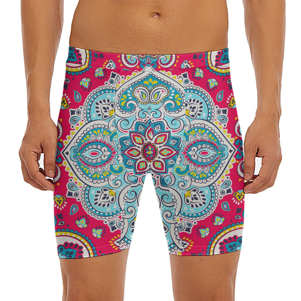 Floral Paisley Mandala Print Men's Long Boxer Briefs