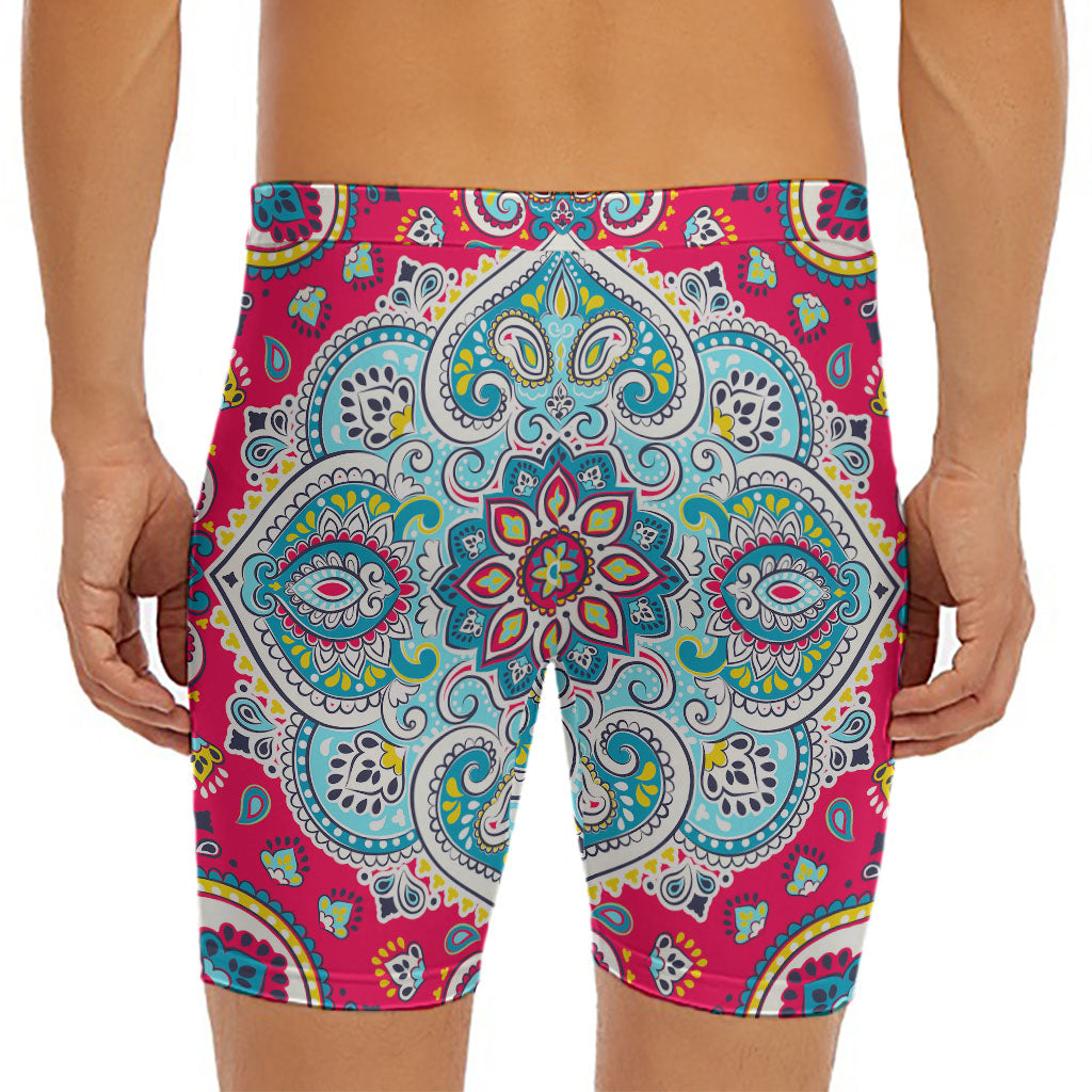 Floral Paisley Mandala Print Men's Long Boxer Briefs