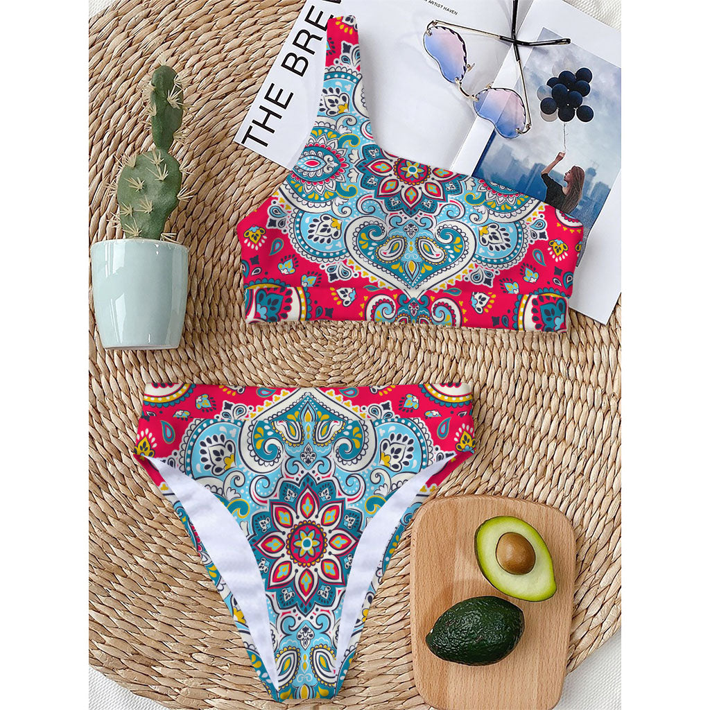 Floral Paisley Mandala Print One Shoulder Bikini Top