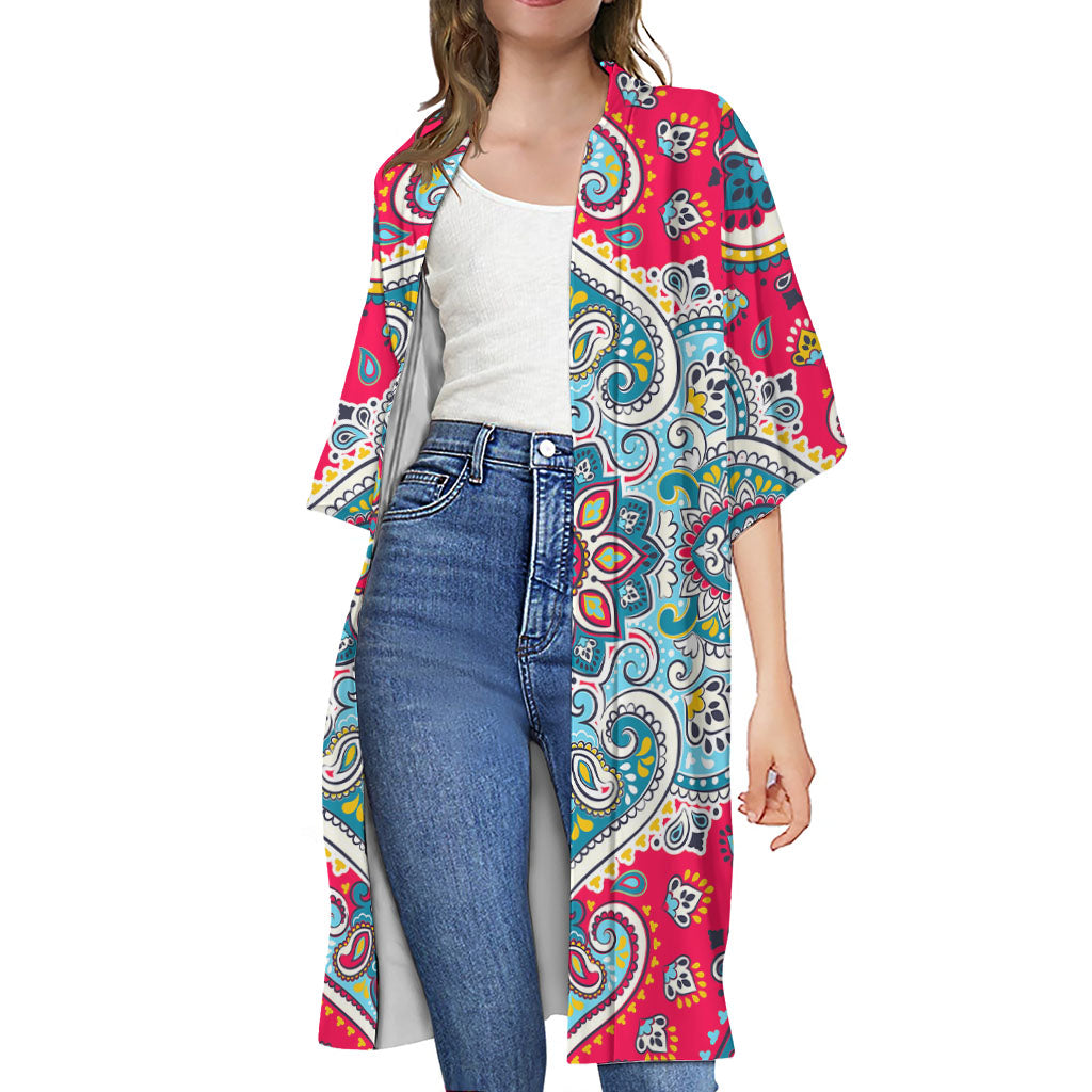 Floral Paisley Mandala Print Open Front Beach Cover Up