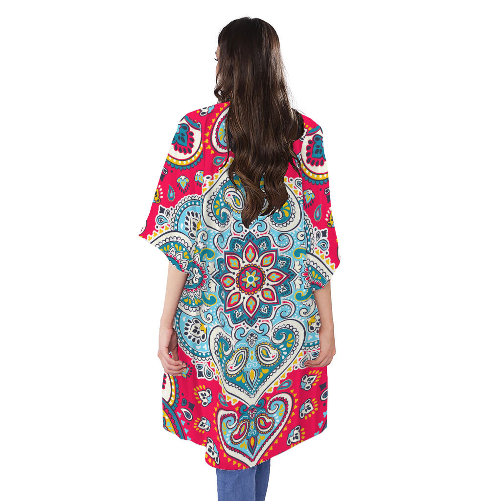 Floral Paisley Mandala Print Open Front Beach Cover Up