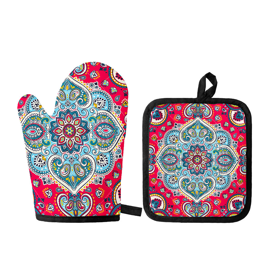 Floral Paisley Mandala Print Oven Mitt And Pot Holder Set