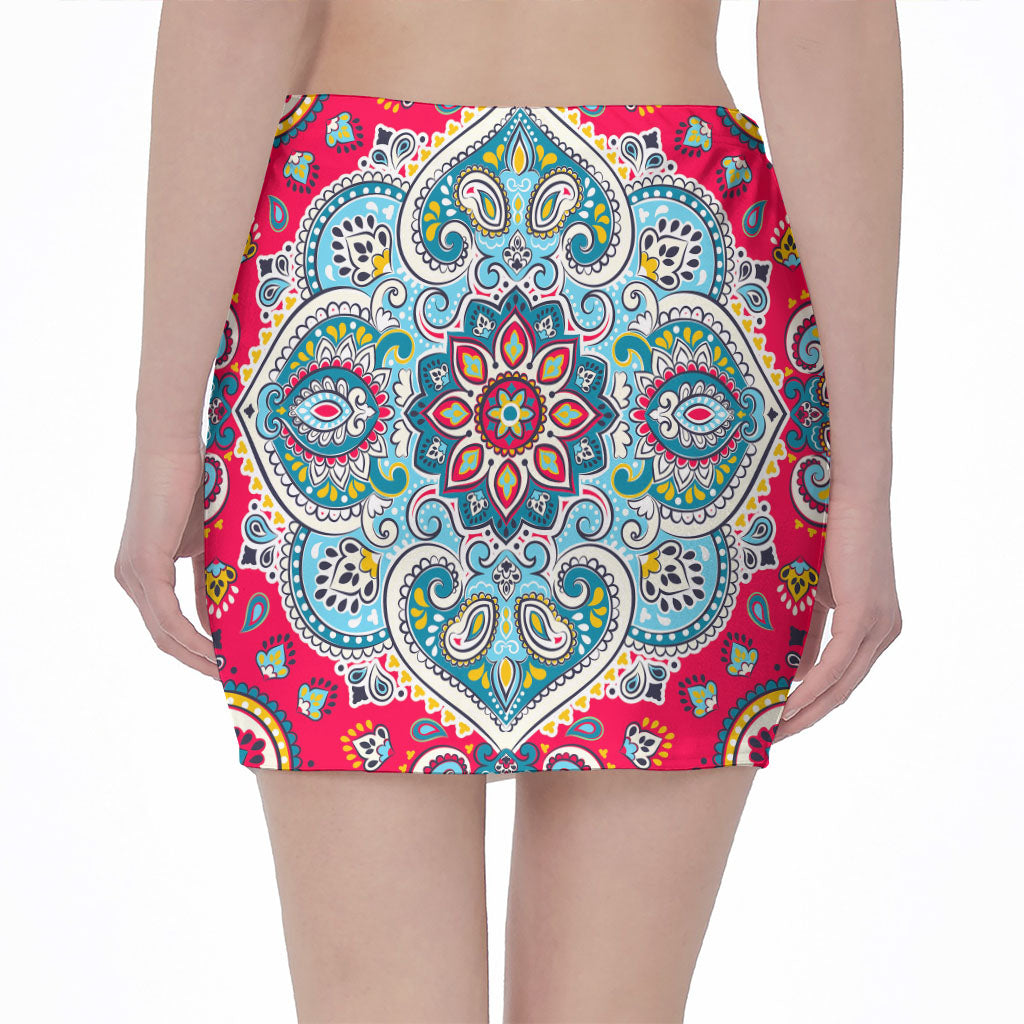 Floral Paisley Mandala Print Pencil Mini Skirt