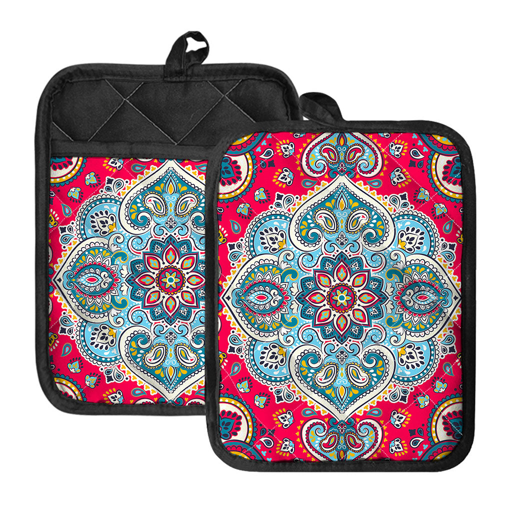 Floral Paisley Mandala Print Pot Holders With Pocket
