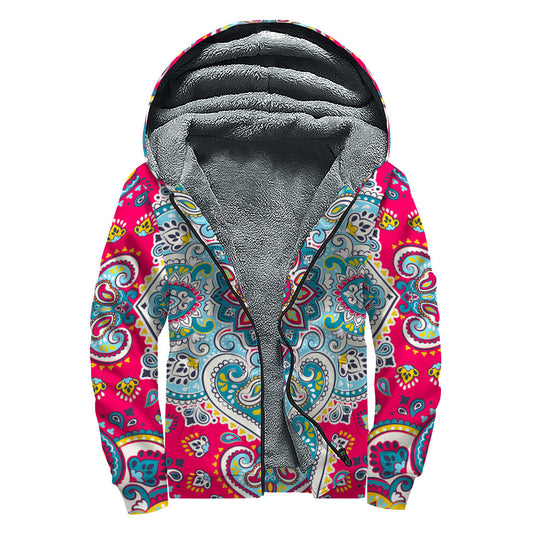 Floral Paisley Mandala Print Sherpa Lined Zip Up Hoodie