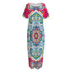 Floral Paisley Mandala Print Short Sleeve Long Nightdress