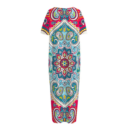 Floral Paisley Mandala Print Short Sleeve Long Nightdress