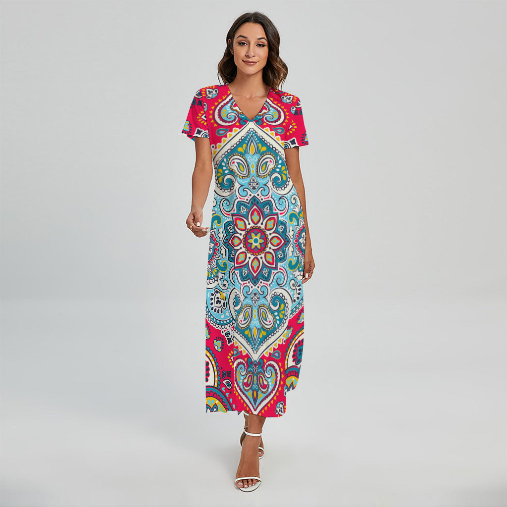 Floral Paisley Mandala Print Short Sleeve Maxi Dress