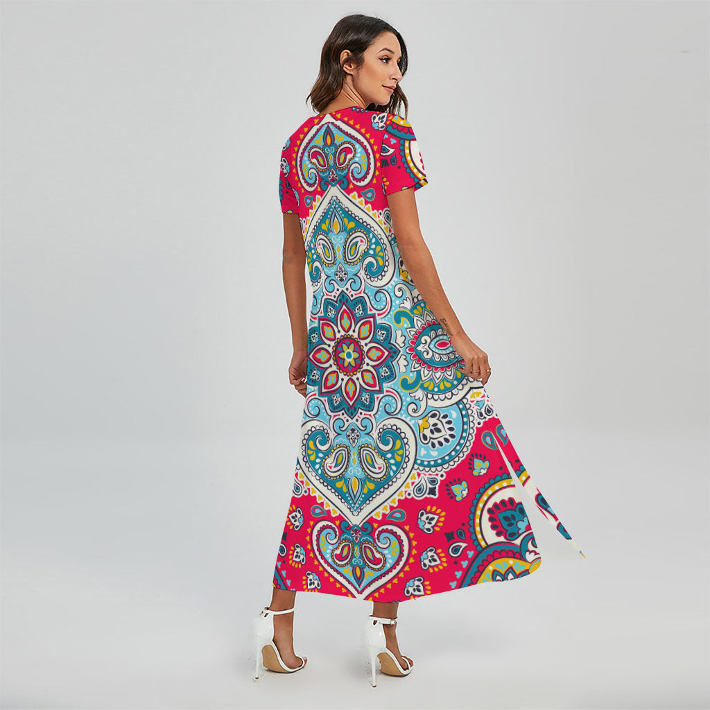 Floral Paisley Mandala Print Short Sleeve Maxi Dress