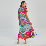 Floral Paisley Mandala Print Short Sleeve Maxi Dress