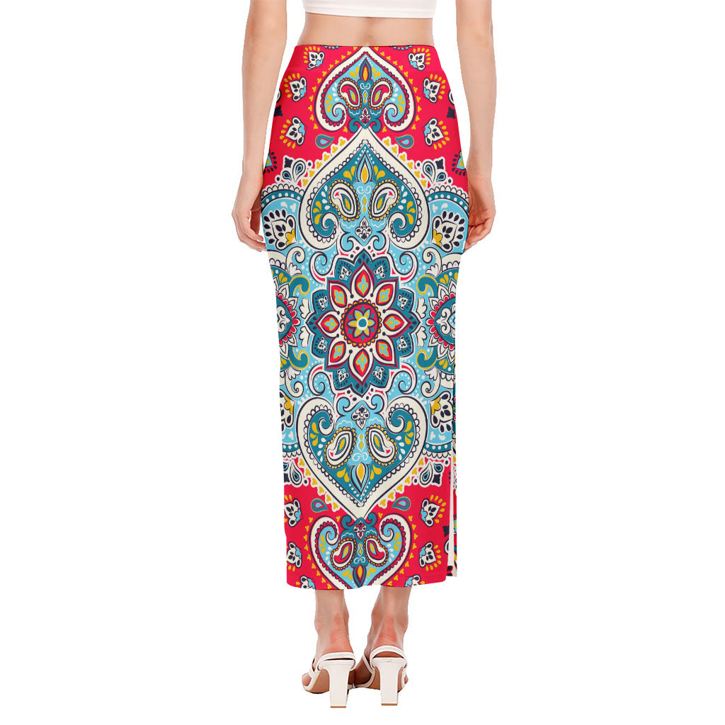 Floral Paisley Mandala Print Side Slit Maxi Skirt