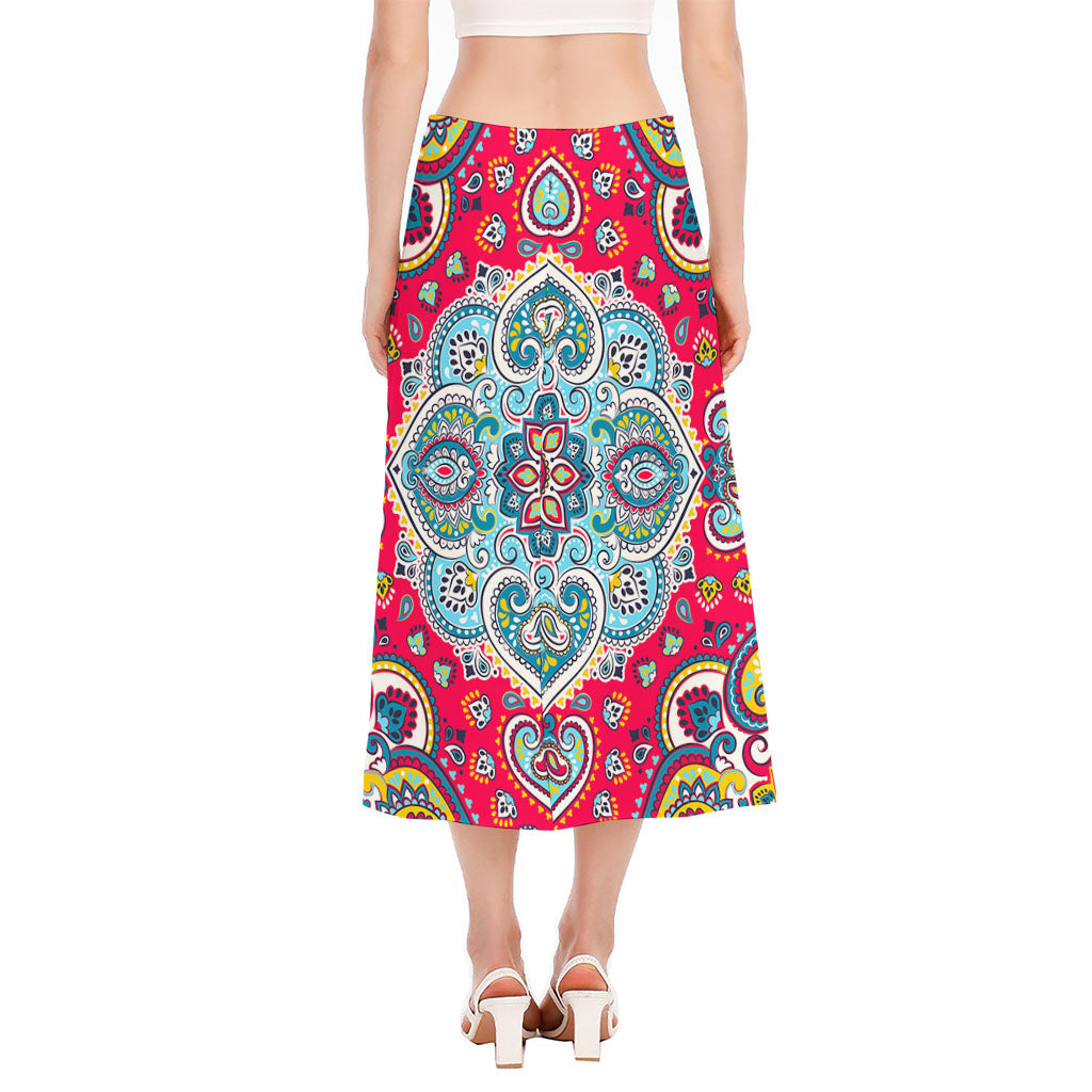 Floral Paisley Mandala Print Side Slit Midi Skirt