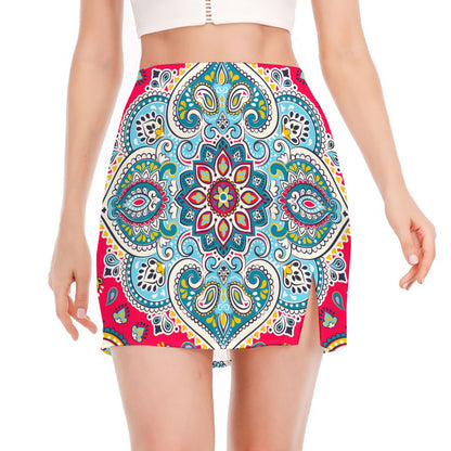 Floral Paisley Mandala Print Side Slit Mini Skirt