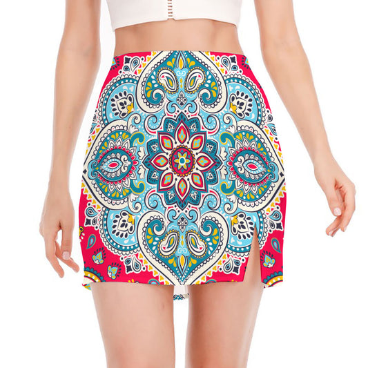 Floral Paisley Mandala Print Side Slit Mini Skirt