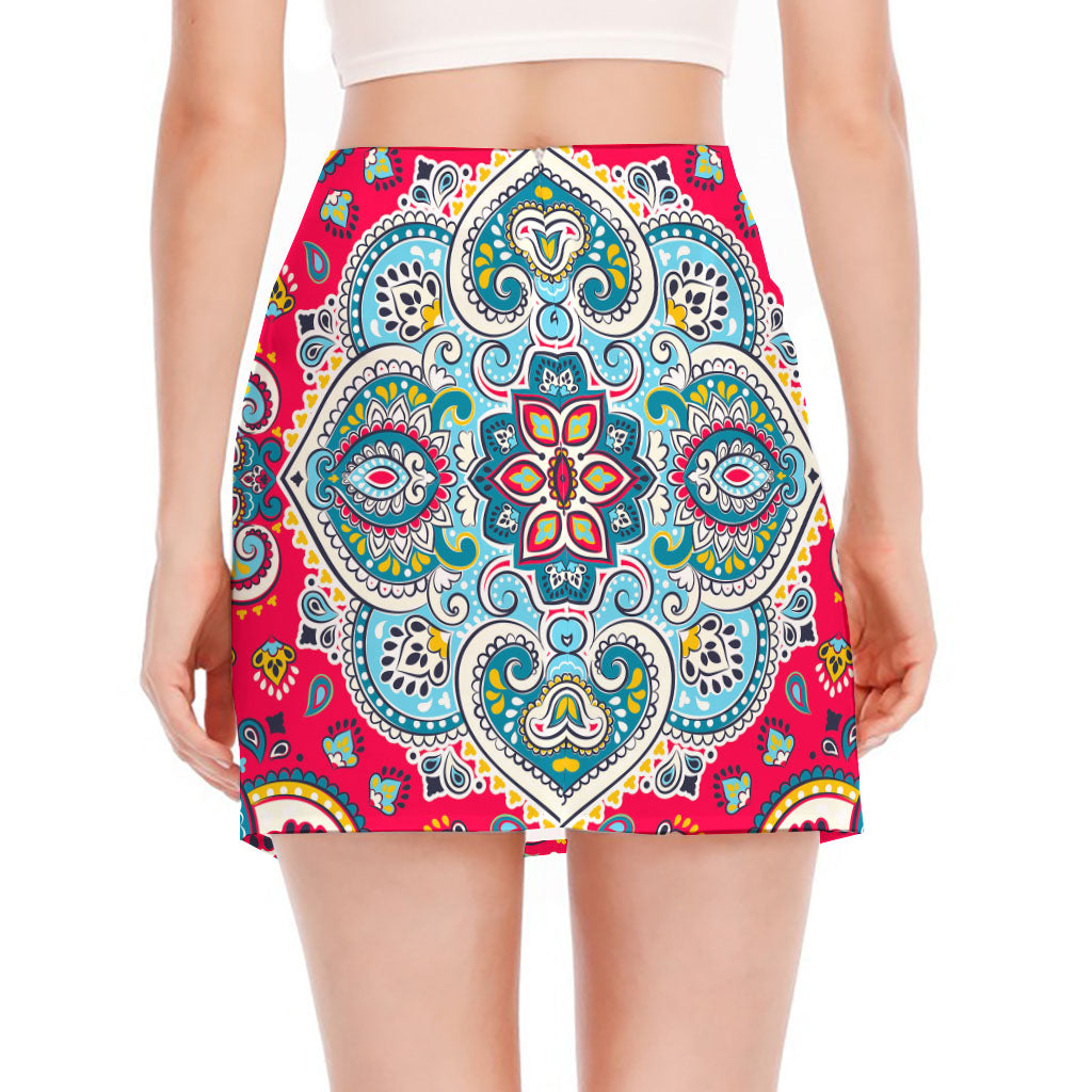Floral Paisley Mandala Print Side Slit Mini Skirt