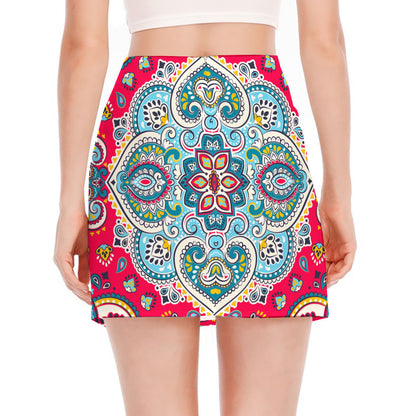 Floral Paisley Mandala Print Side Slit Mini Skirt
