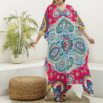 Floral Paisley Mandala Print Silk V-Neck Kaftan Dress