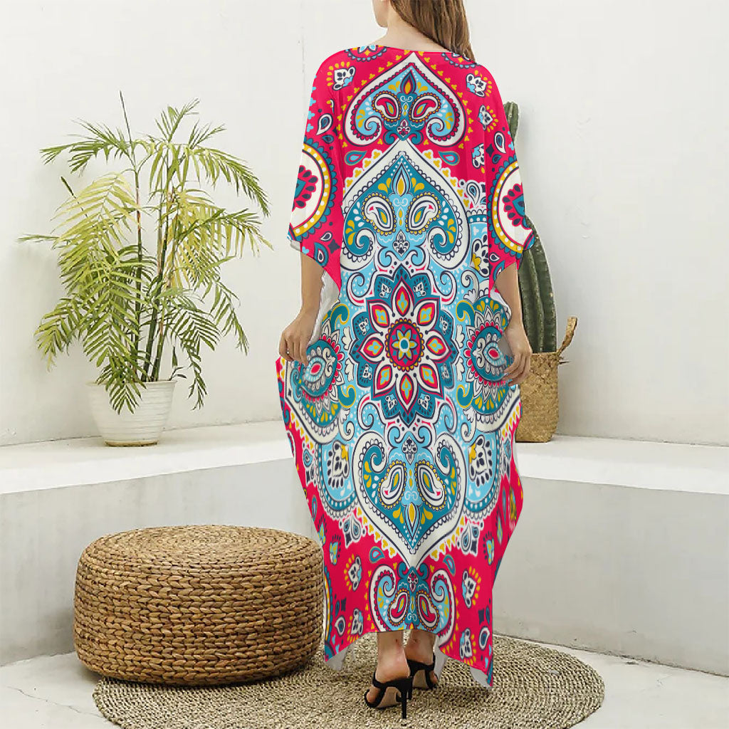 Floral Paisley Mandala Print Silk V-Neck Kaftan Dress