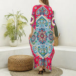 Floral Paisley Mandala Print Silk V-Neck Kaftan Dress
