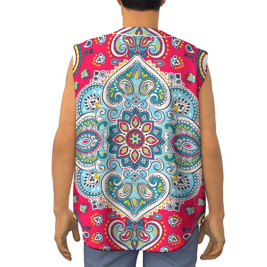 Floral Paisley Mandala Print Sleeveless Baseball Jersey