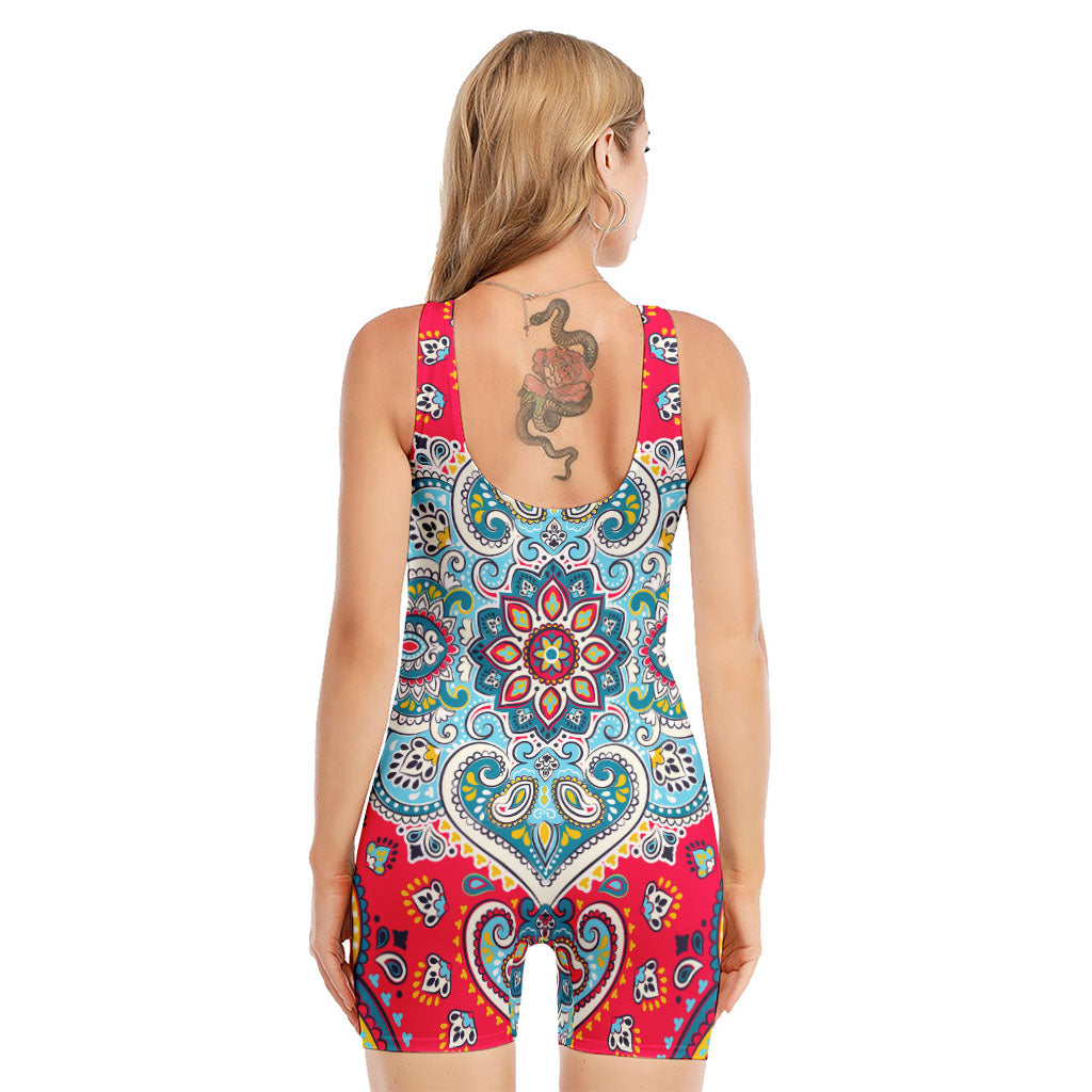 Floral Paisley Mandala Print Sleeveless One Piece Swimsuit
