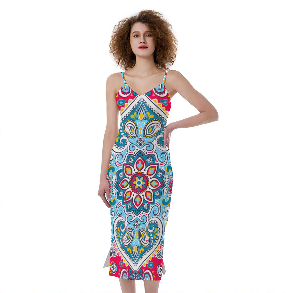 Floral Paisley Mandala Print Slim Fit Midi Cami Dress