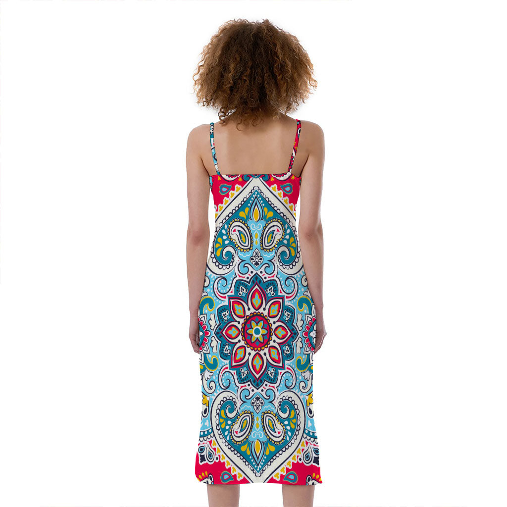 Floral Paisley Mandala Print Slim Fit Midi Cami Dress