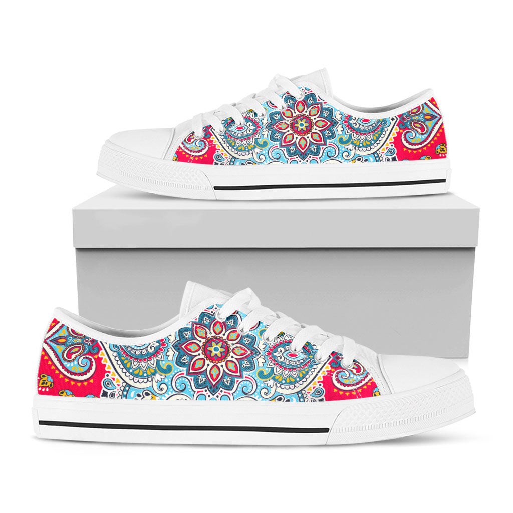 Floral Paisley Mandala Print White Low Top Sneakers
