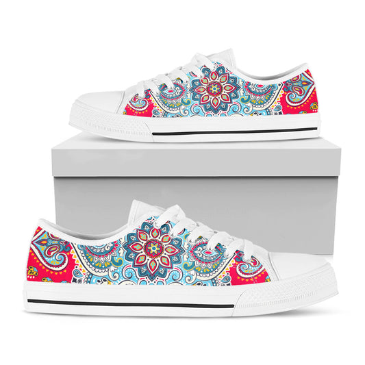Floral Paisley Mandala Print White Low Top Sneakers