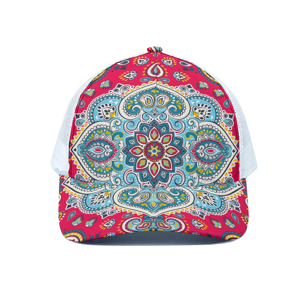 Floral Paisley Mandala Print White Mesh Trucker Cap