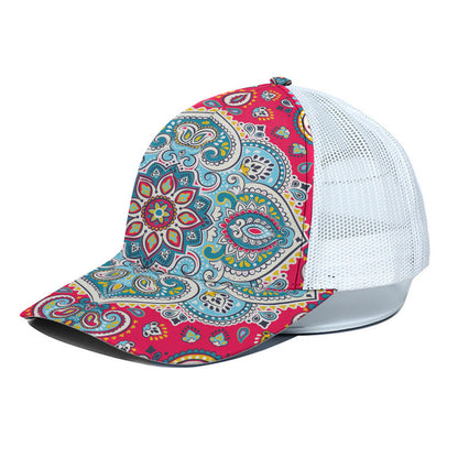 Floral Paisley Mandala Print White Mesh Trucker Cap