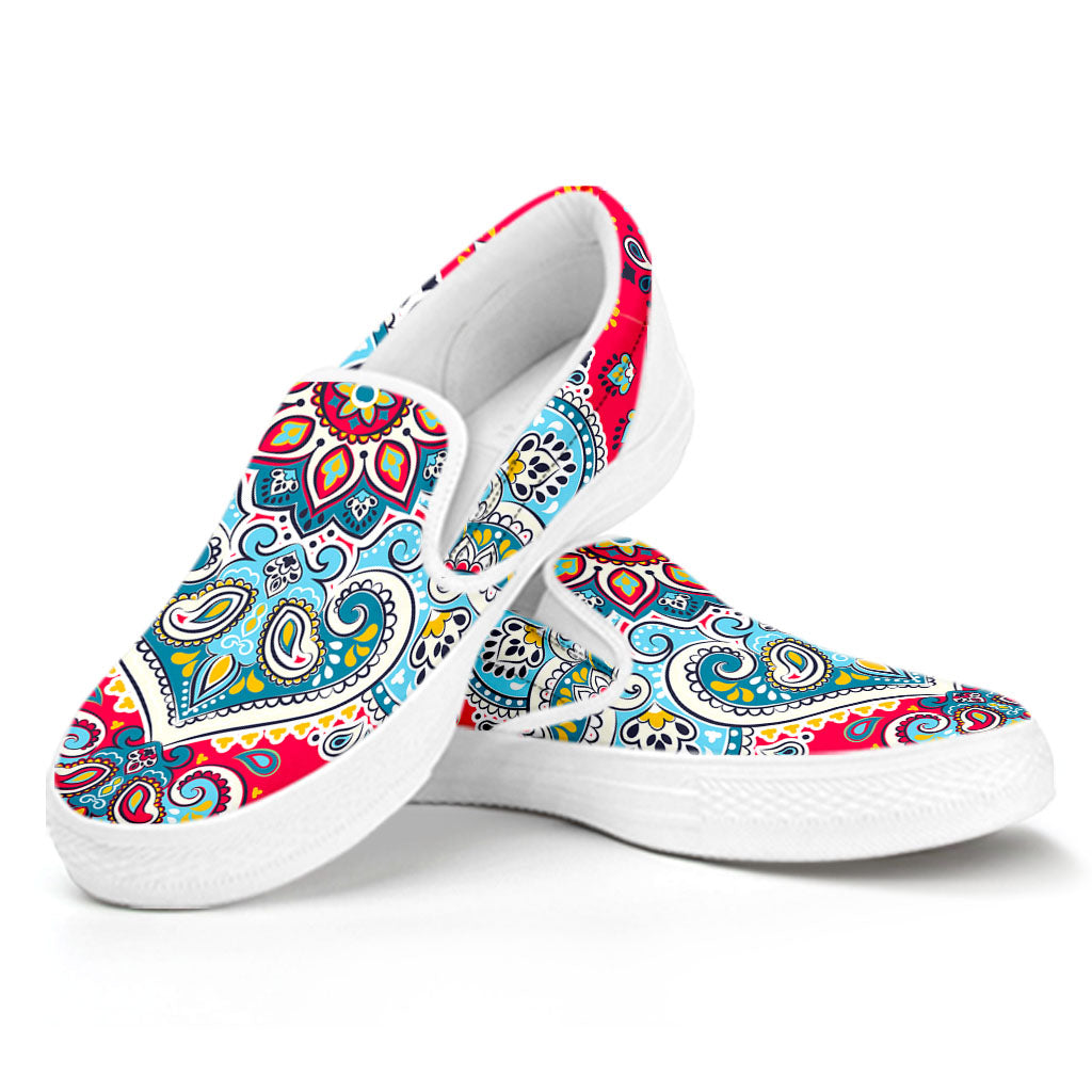Floral Paisley Mandala Print White Slip On Sneakers