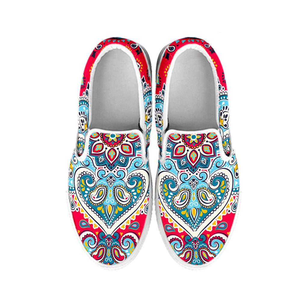 Floral Paisley Mandala Print White Slip On Sneakers