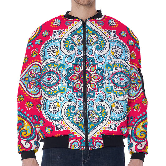 Floral Paisley Mandala Print Zip Sleeve Bomber Jacket