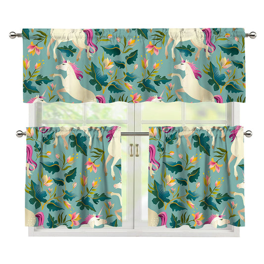Floral Unicorn Pattern Print 3 Piece Kitchen Curtains